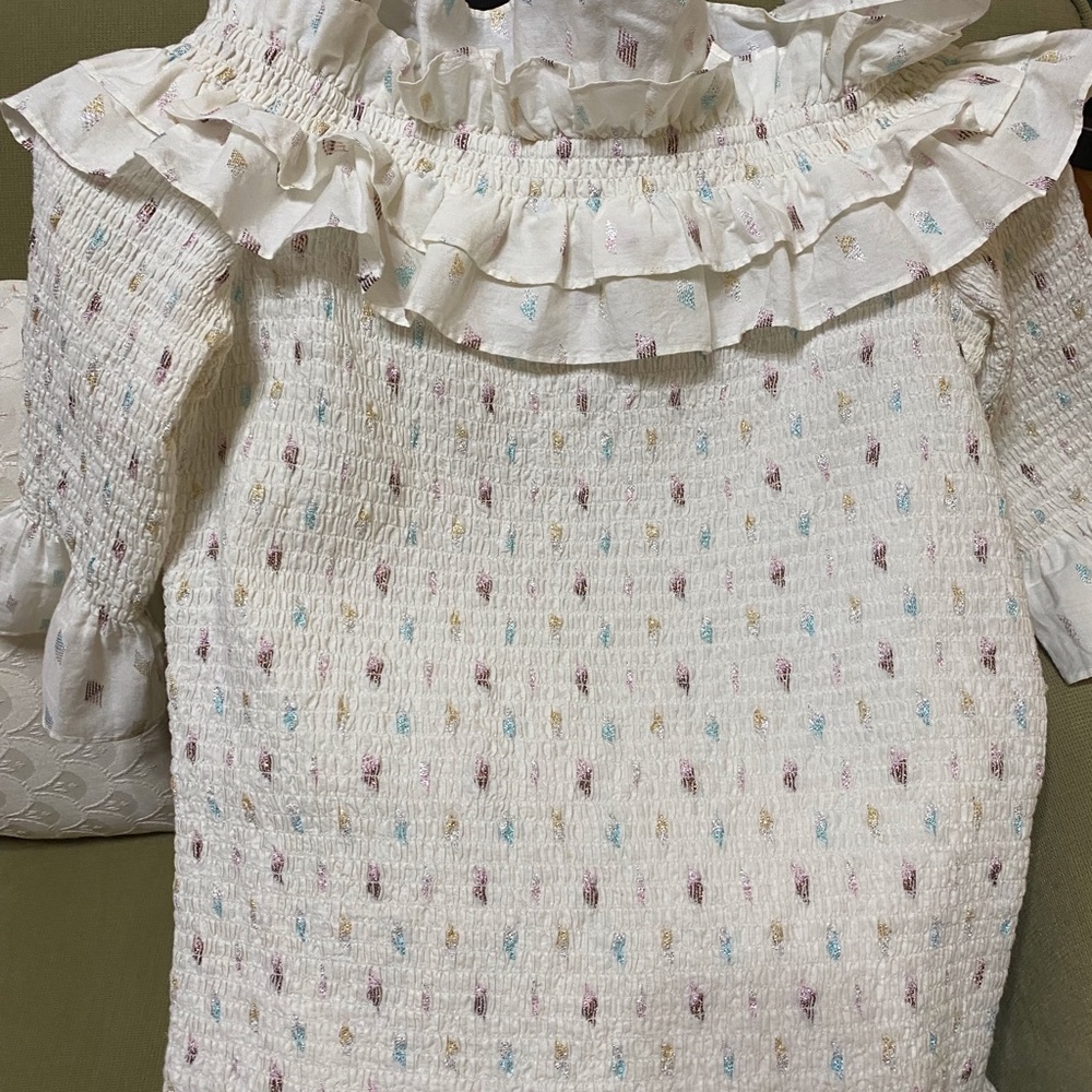 Veronica Beard white multi color off shoulder top size 4